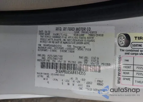 2010 Ford Fusion Sel z USA, uszkodzony, nr VIN 3FAHP0JA5AR414355